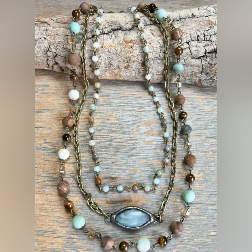 Multi-Strand Amazonite and Wood Bead Necklace - Mint Green & Brown